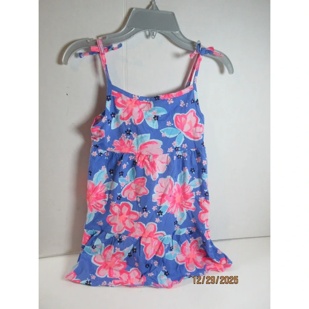 OshKosh B'gosh Girls Blue Floral Print Tank Dress Size 6 Adjustable Tie Straps